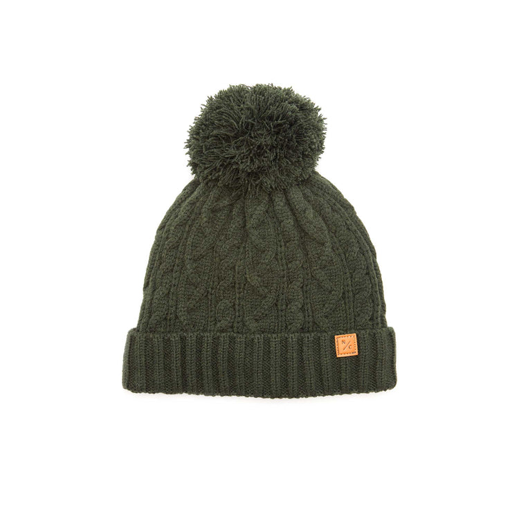 Classic Cable Knit Pom Pom Hat in Olive Green